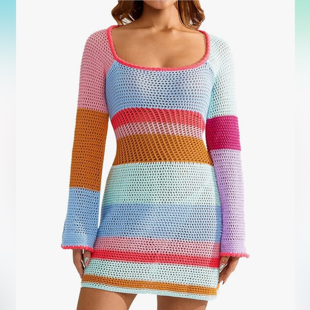 Colorful Striped Crochet Dress Coverup